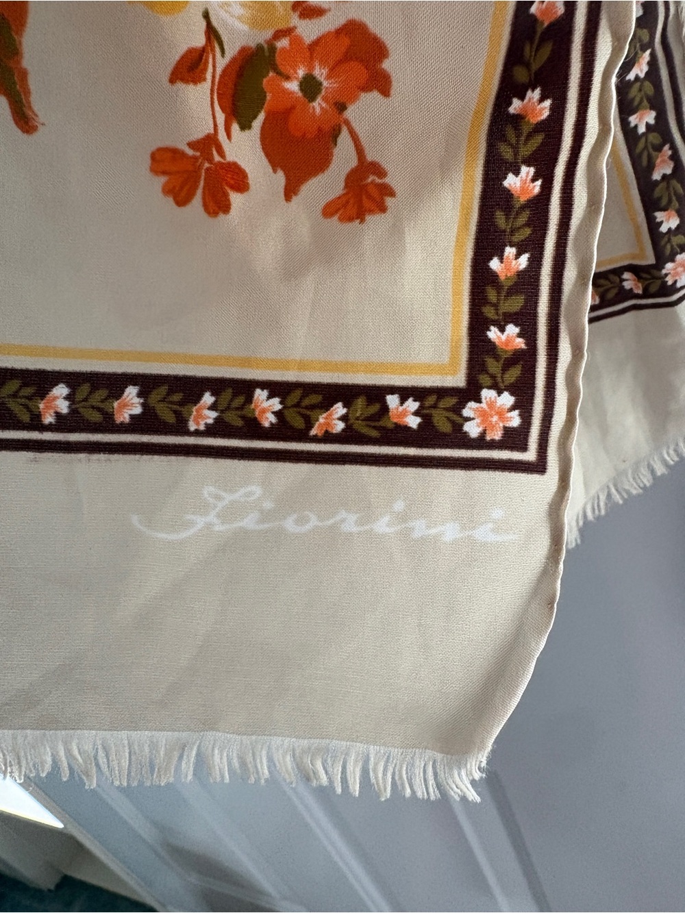 Gorgeous Fiorini Long Scarf Silky Floral Cream Orange Brown Fall Fringe - Picture 4 of 8